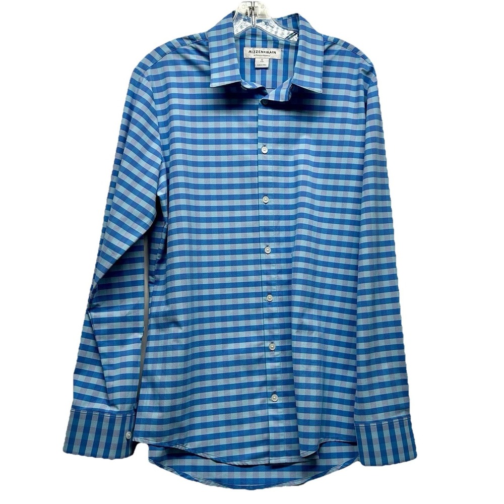Mizzen + Main Men's Performance Trim Medium Blue Check Polyester Blend Shirt(R1)